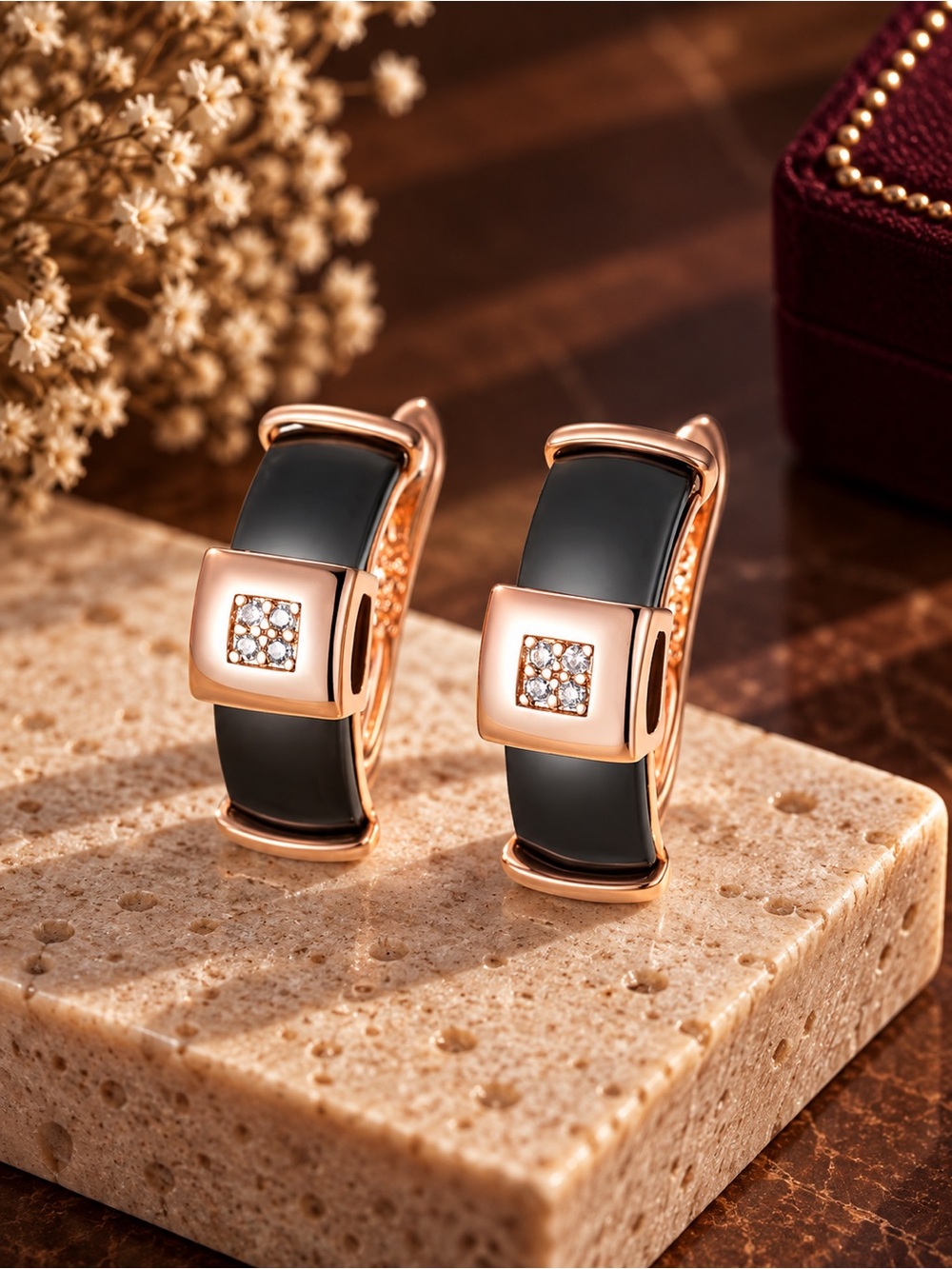 Rose Gold and Black Hoop Earrings with Crystal Square